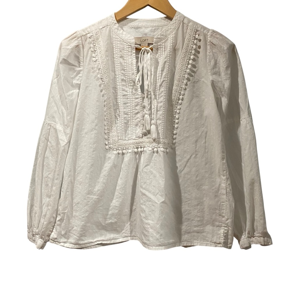 LOFT Women's Ivory Embroidered Blouse w/Tassel Top XSP